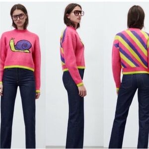 Zara Pink Snail Rainbow Jacquard Knit Sweater Colored Stripes on Bac size Small